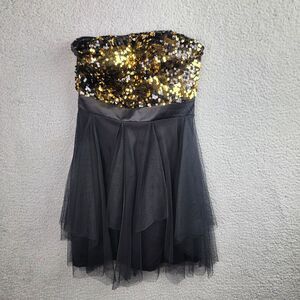 Hailey Logan Adrianna Papell Black Gold Sequin Strapless Tulle Prom Dress XS